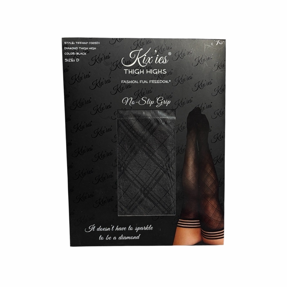 Kix'ies Tiffany Diamond Thigh High Stockings Black No-Slip Grip Size D 1305D